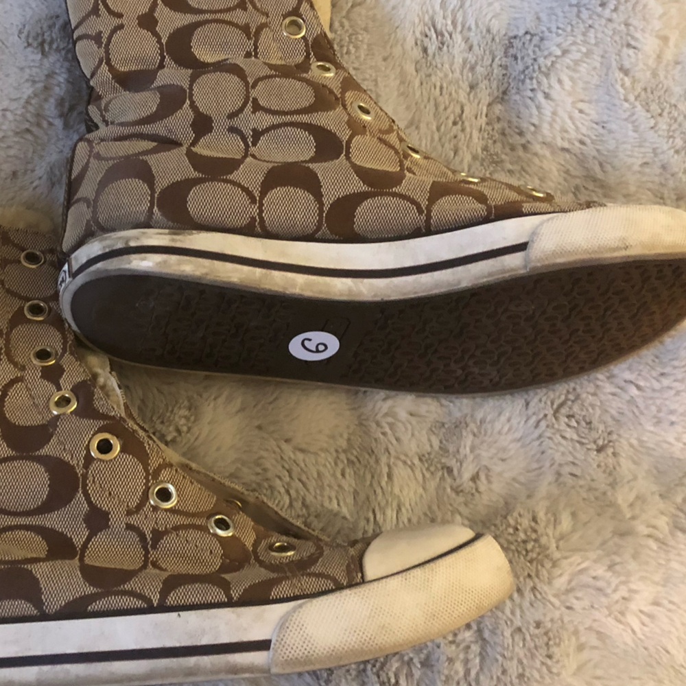 Coach Tan/Brown Signature Canvas High-Top Sneakers fair condition no laces